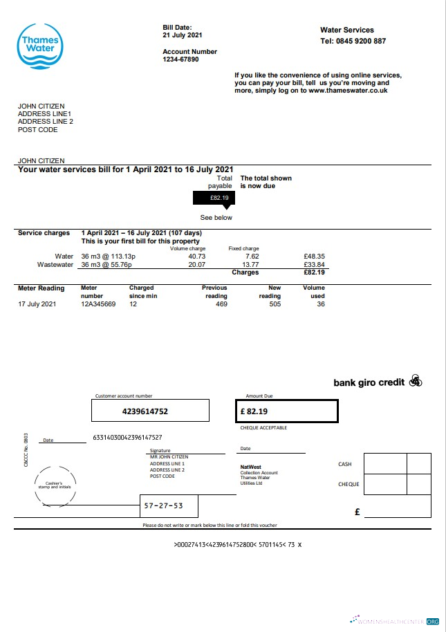download download United Kingdom Thames Water utility bill template in Word and PDF format PDF template PDF template